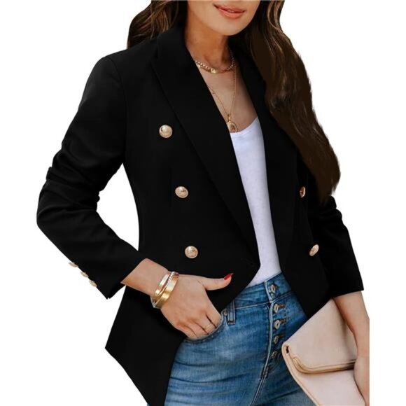 Women's Casual Blazer Jacket, Gold Button, Long Sleeve, Open Front